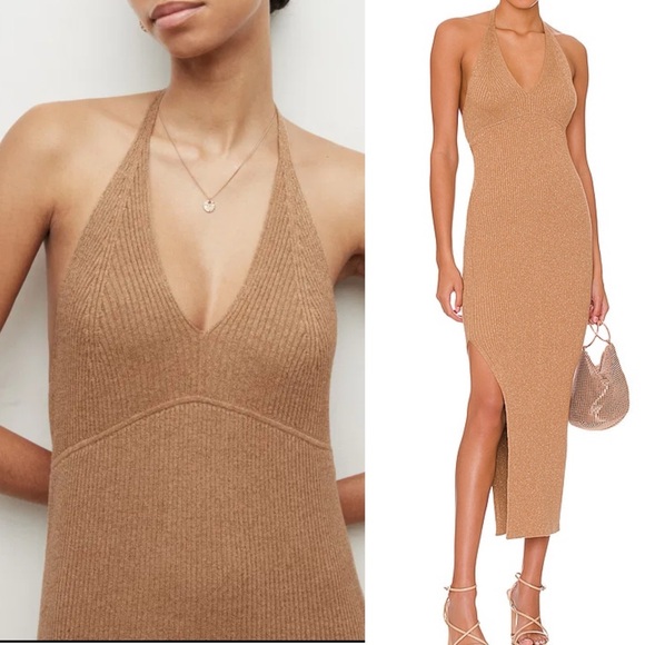 All Saints Lexi Ribbed Halter Midi Dress Praline Metallic Gold - Picture 7 of 15